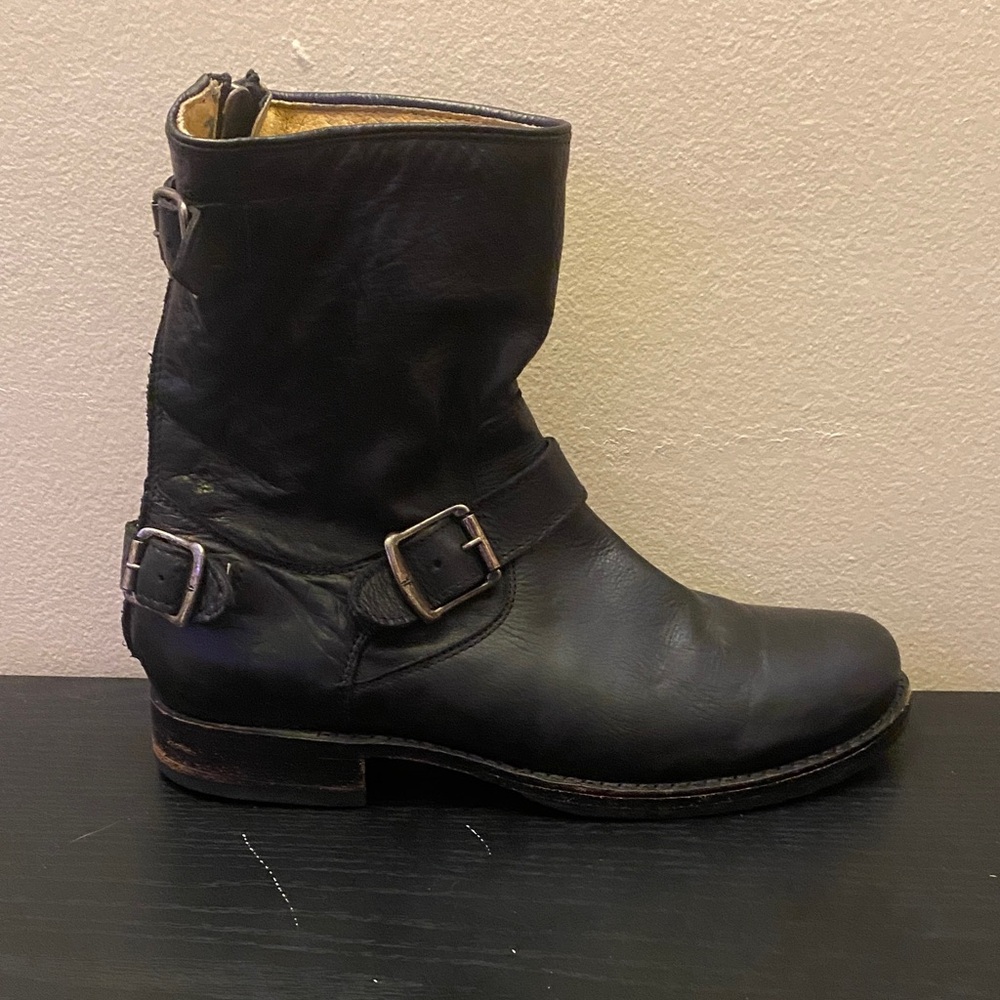 Frye Black Leather Buckle Engineer Boots